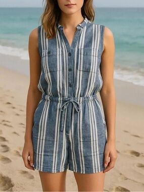 Kelly Renee Striped Sleeveless Drawstring Romper - Blue & White
